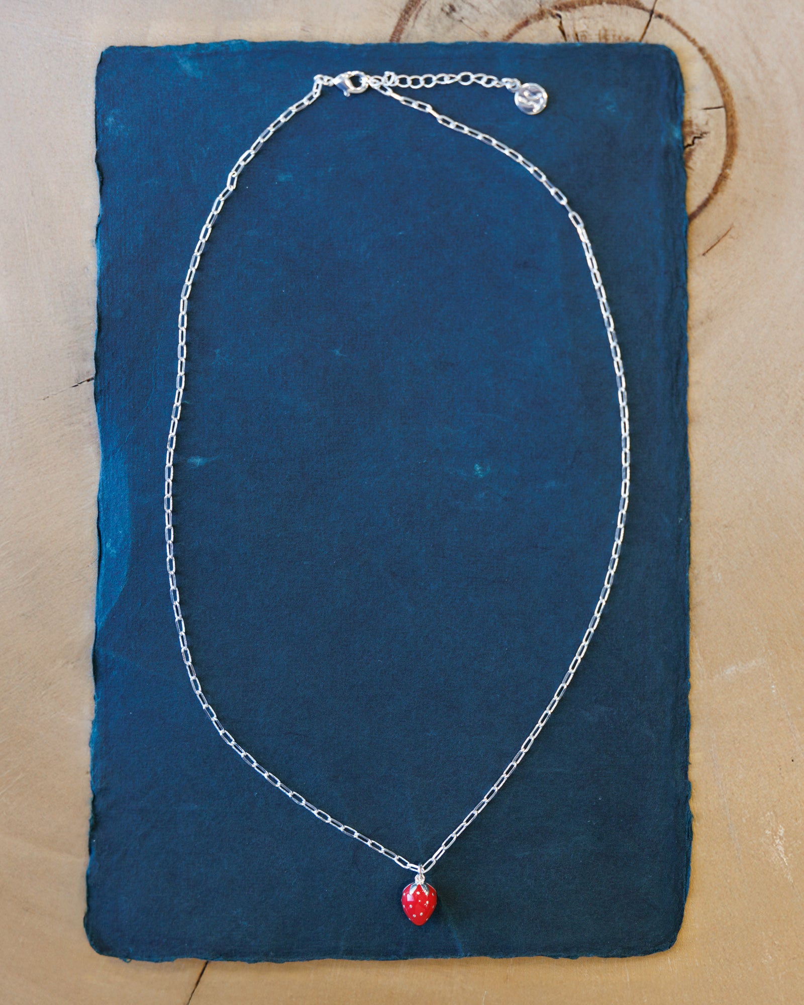 Silver necklace with a red pendant on a blue fabric background