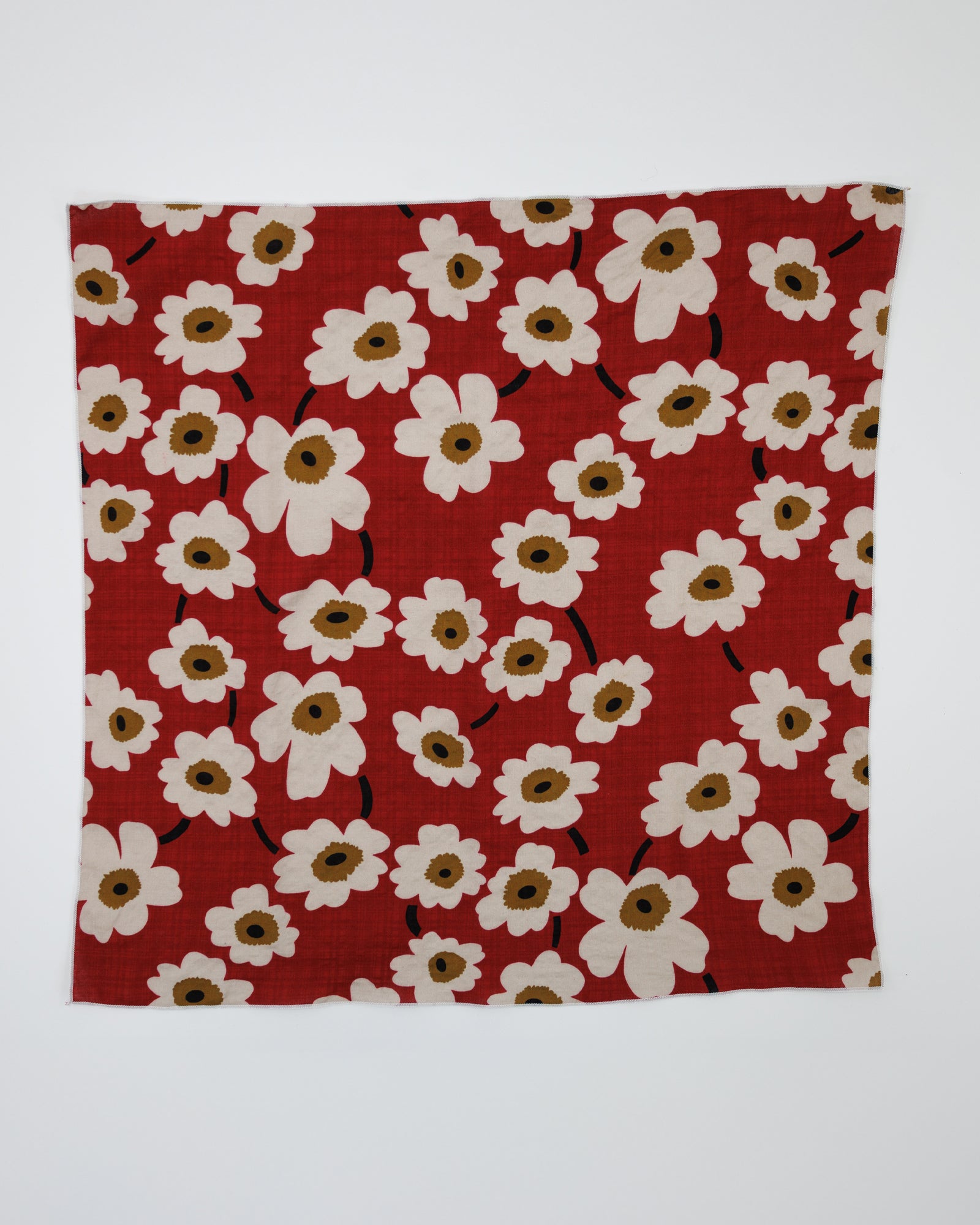 Red fabric with white floral pattern on a white background