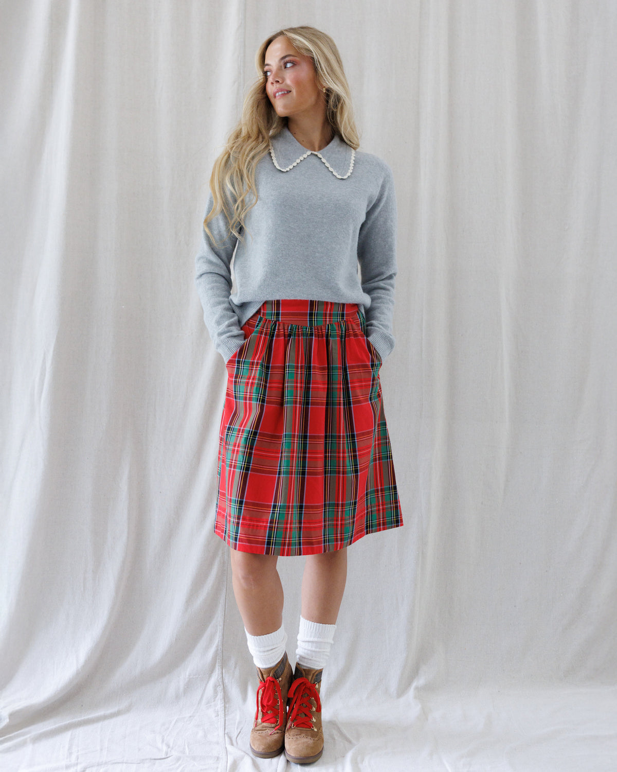 Model wearing an easy-fit heather grey long-sleeve sweater with a contrast cream crochet-trimmed peter pan collar and ribbed knit cuffs