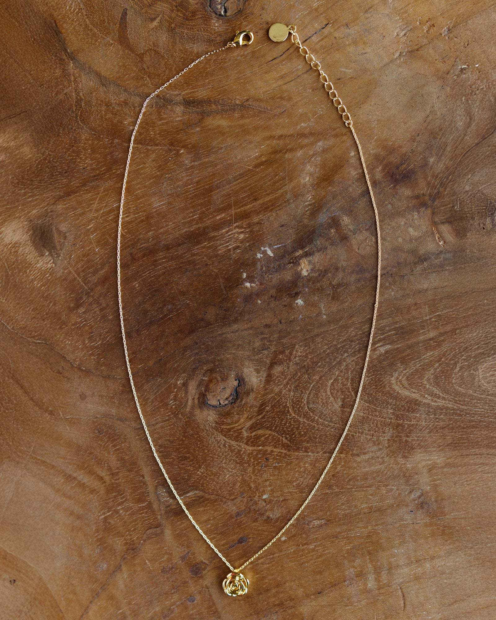 A delicate gold chain necklace with a small circular pendant, laid flat on a textured wooden surface.