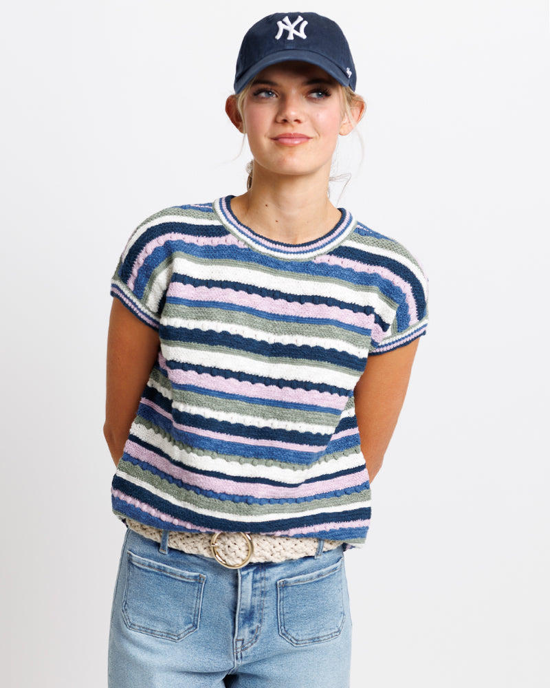 Model wearing a navy, green and purple striped short sleeve crew neck sweater