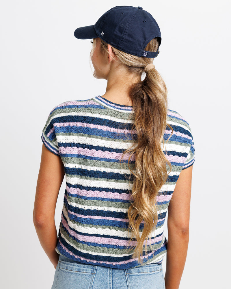 Model wearing a navy, green and purple striped short sleeve crew neck sweater