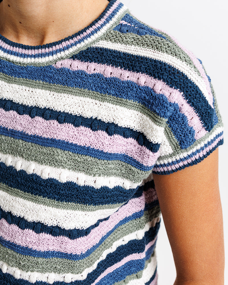 Model wearing a navy, green and purple striped short sleeve crew neck sweater