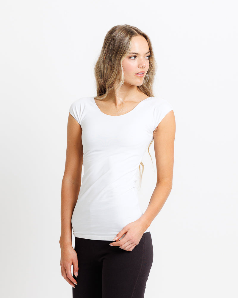 Model wearing a white short sleeve scoop neck fitted layering tee