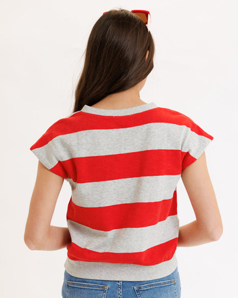 Model wearing a gray and red striped short sleeve v-neck banded tee
