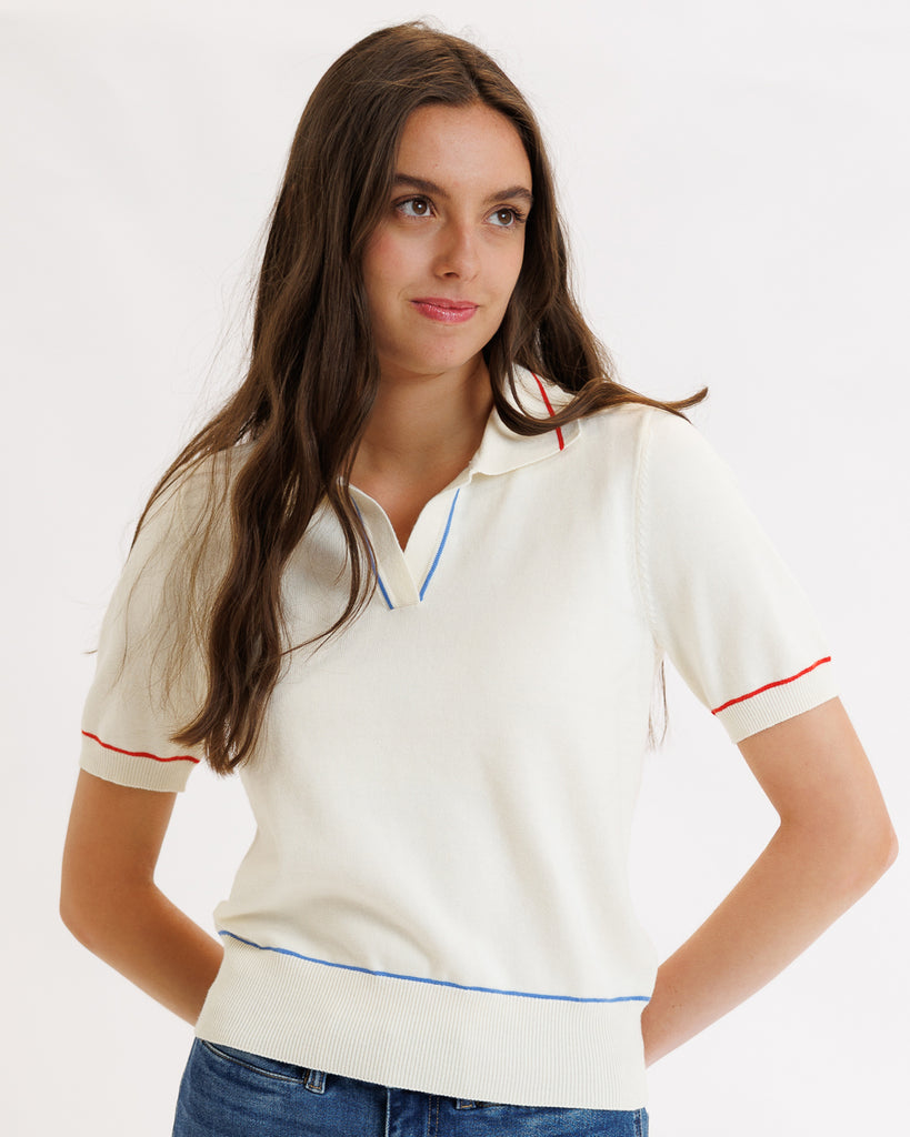 Model wearing a white short sleeve polo sweater