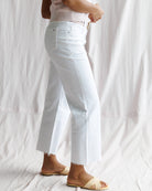 Person wearing light blue jeans and a white top against a plain background
