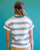A person viewed from behind wearing a white short-sleeve ringer T-shirt with thin horizontal stripes in teal, pink, and tan, paired with a brown baseball cap and tan pants, set against a solid teal background.