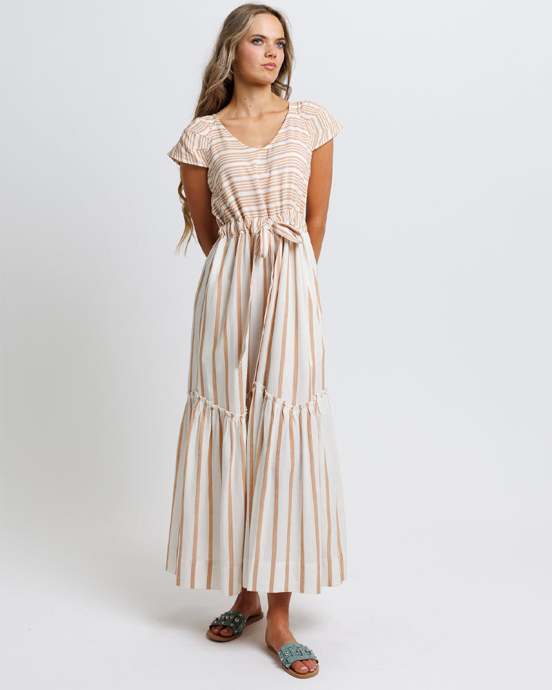 Model wearing a tank with white stripe short sleeve v-neck maxi dress with tiers