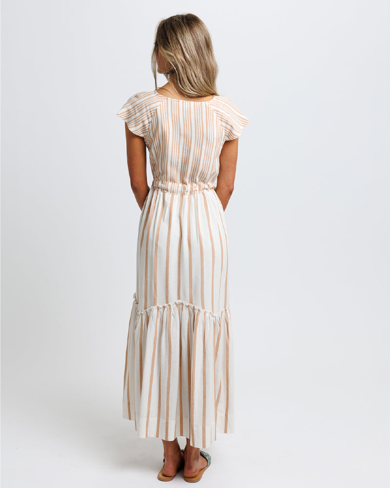 Model wearing a tank with white stripe short sleeve v-neck maxi dress with tiers