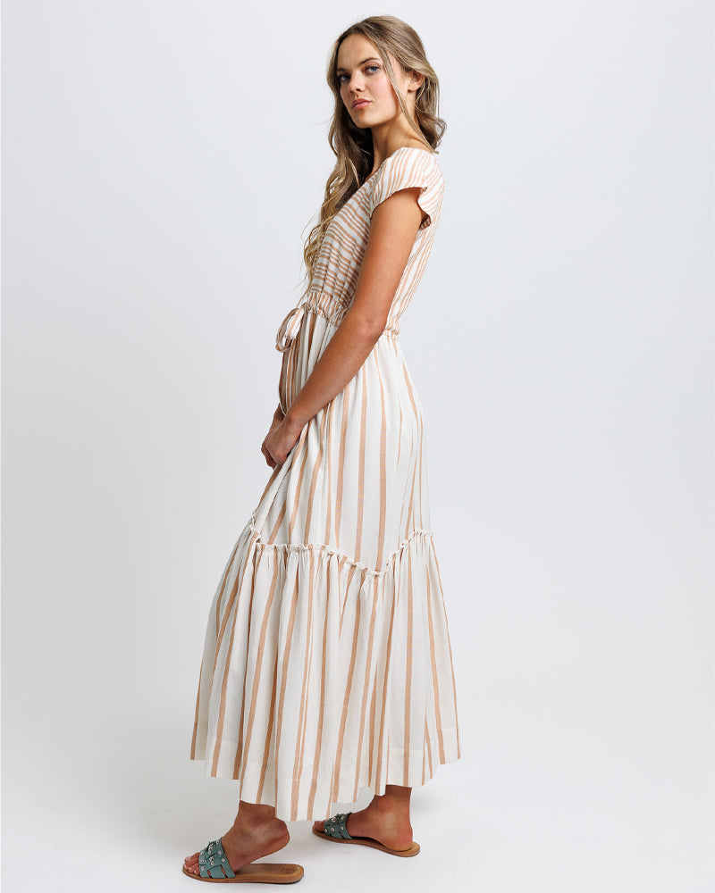 Model wearing a tank with white stripe short sleeve v-neck maxi dress with tiers