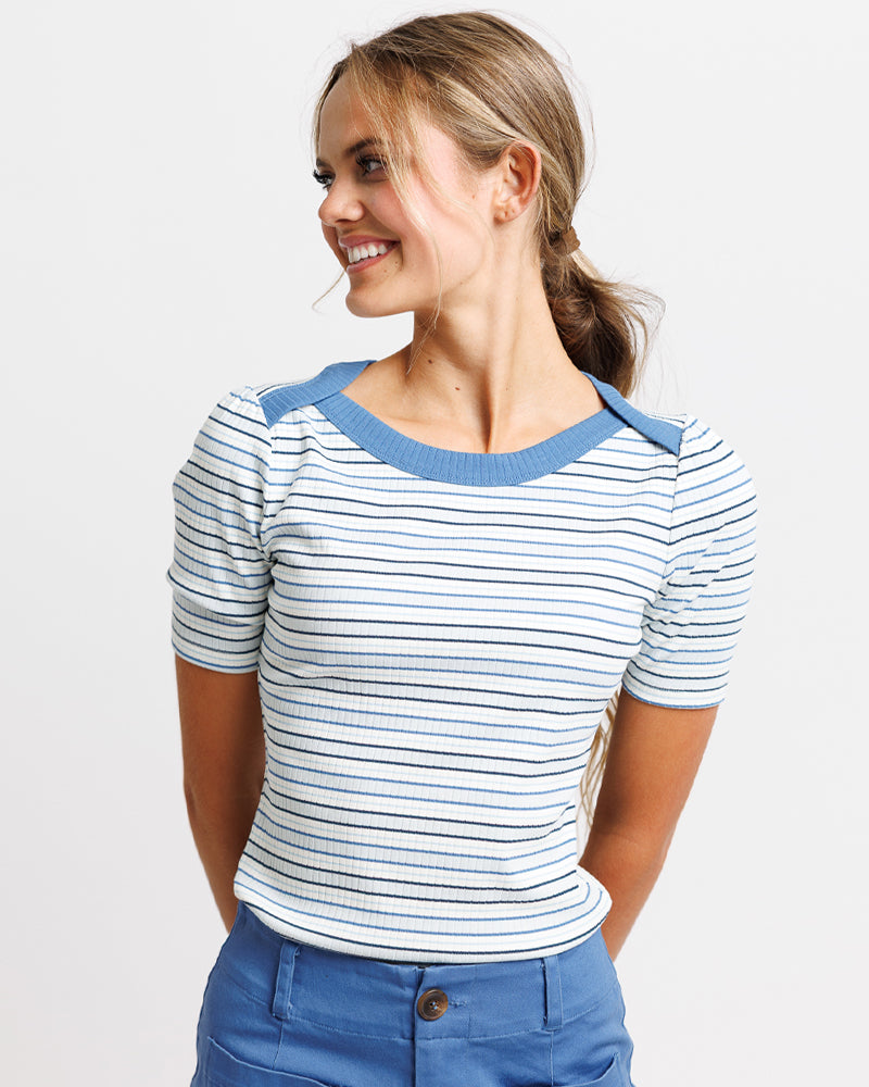 Model wearing a light blue striped short sleeve boat neck tshirt