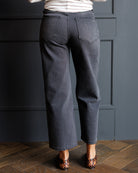 Rear view of a person wearing dark gray wide-leg cropped jeans, a white and gray striped top, and brown patterned flats, standing against a dark gray paneled wall on a wood floor.