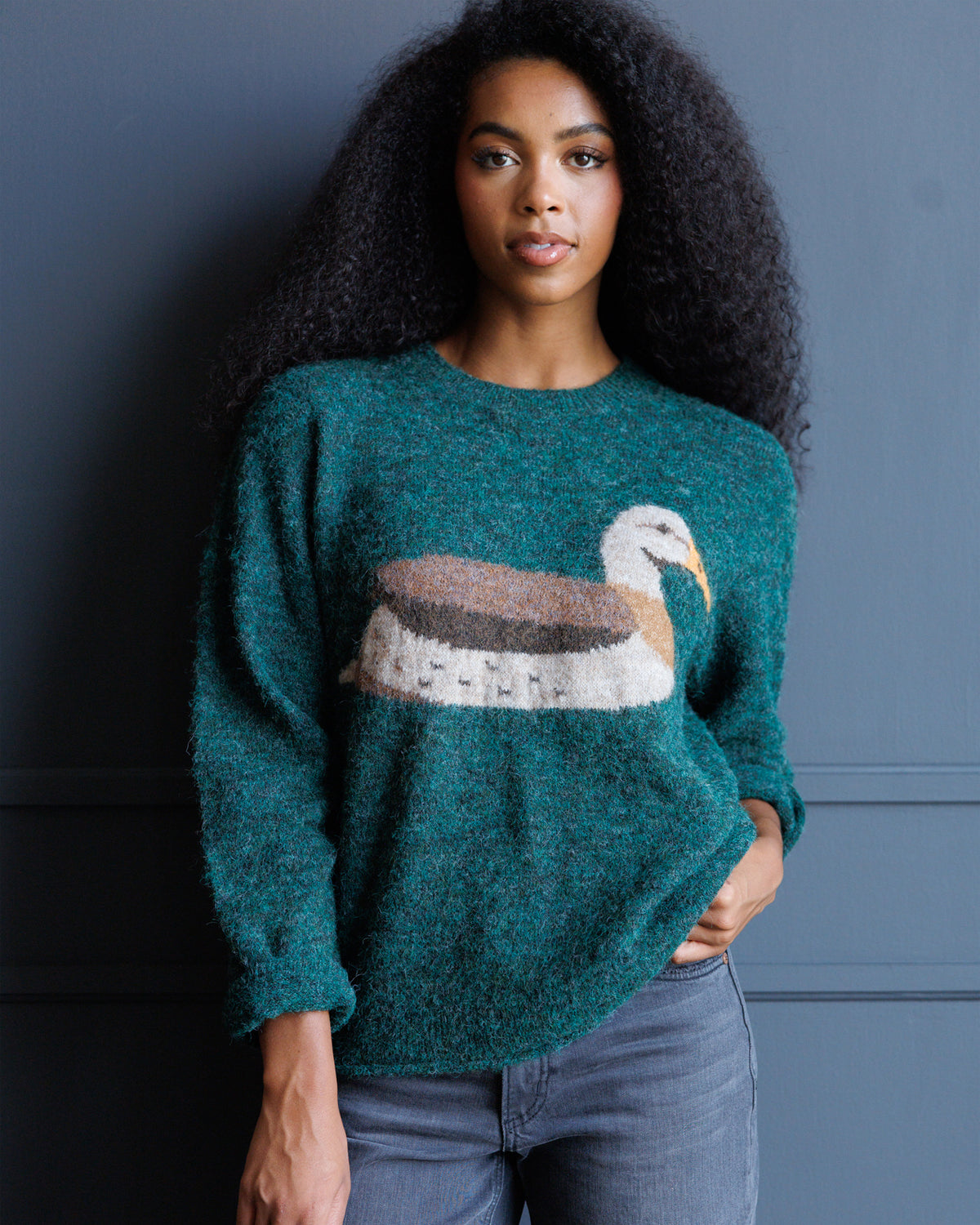 A woman with long, dark curly hair wearing a teal green fuzzy knit sweater with a large seagull motif across the chest, paired with blue jeans, standing against a dark blue-gray paneled wall.