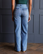 A person shown from the back wearing light blue wide-leg jeans, standing on a wood floor in front of a dark paneled wall.