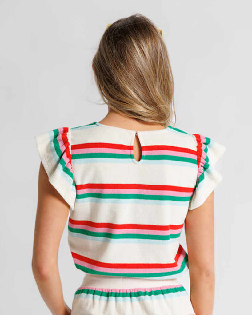 Model wearing a white, pink, green and blue striped short flutter sleeve terry top