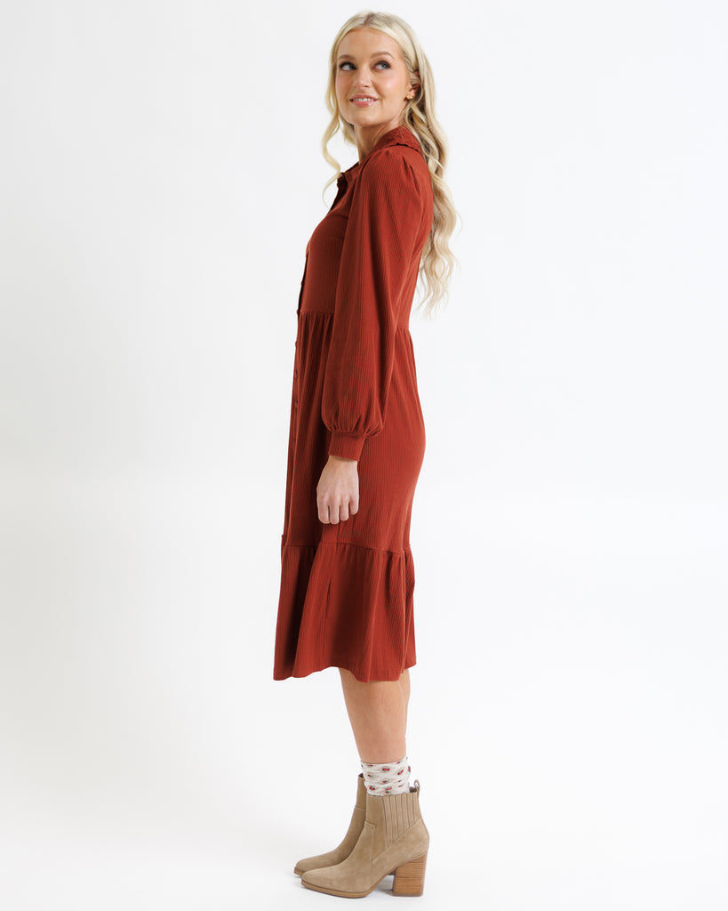 Woman wearing a rust-colored dress on a white background