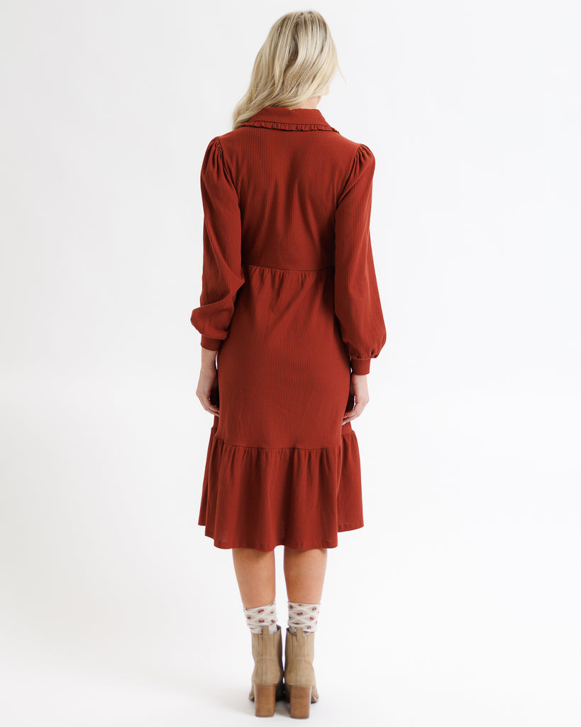 Woman wearing a rust-colored dress on a white background