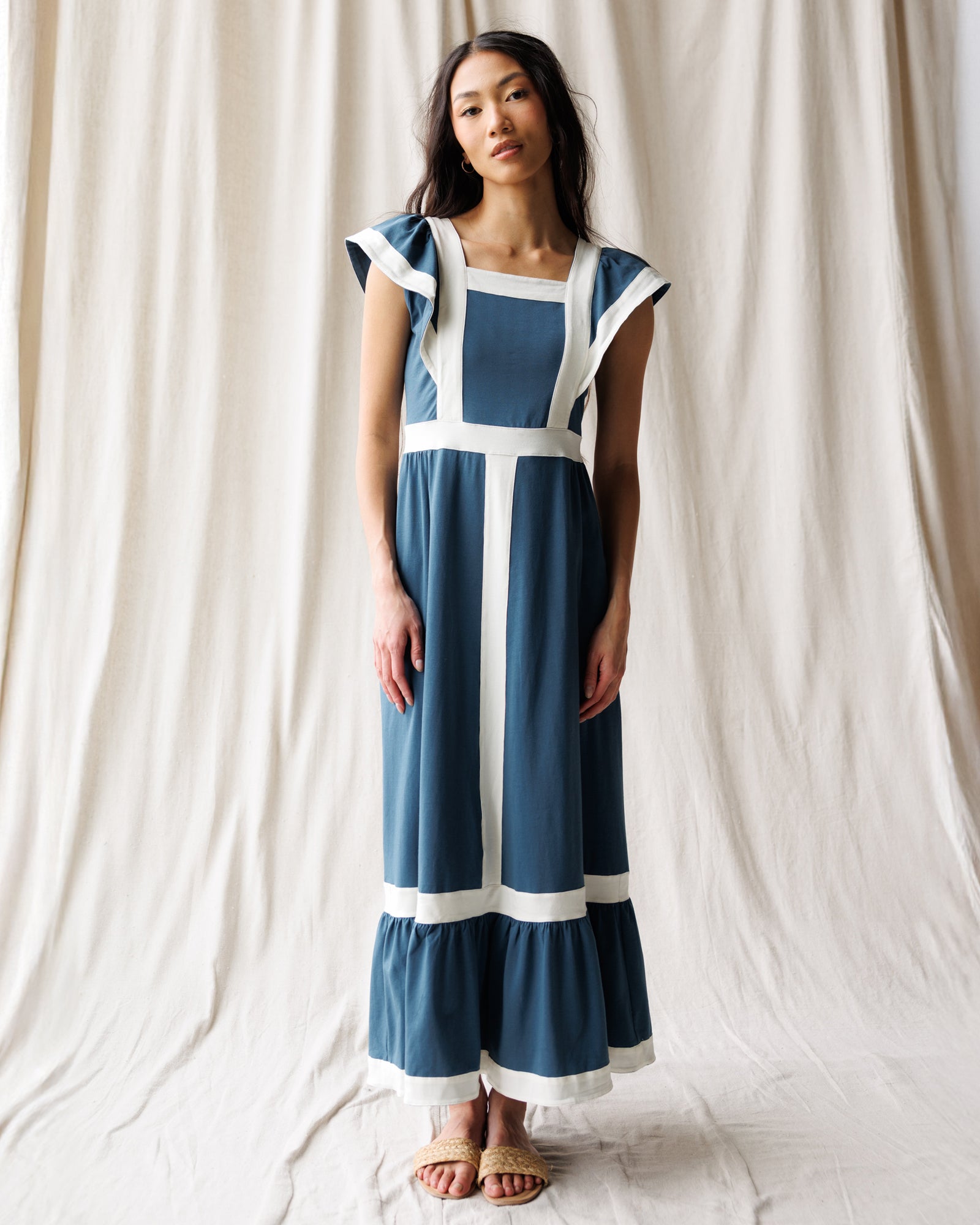 blue and white color block dress Party – Downeast 90s Outfit Ideas: Baggy Add to New consider sizing up for Size:L (MADE-TO-ORDER)