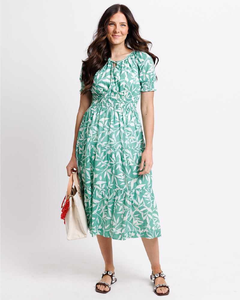 Model wearing a mint green with white floral print short sleeve round neck midi dress