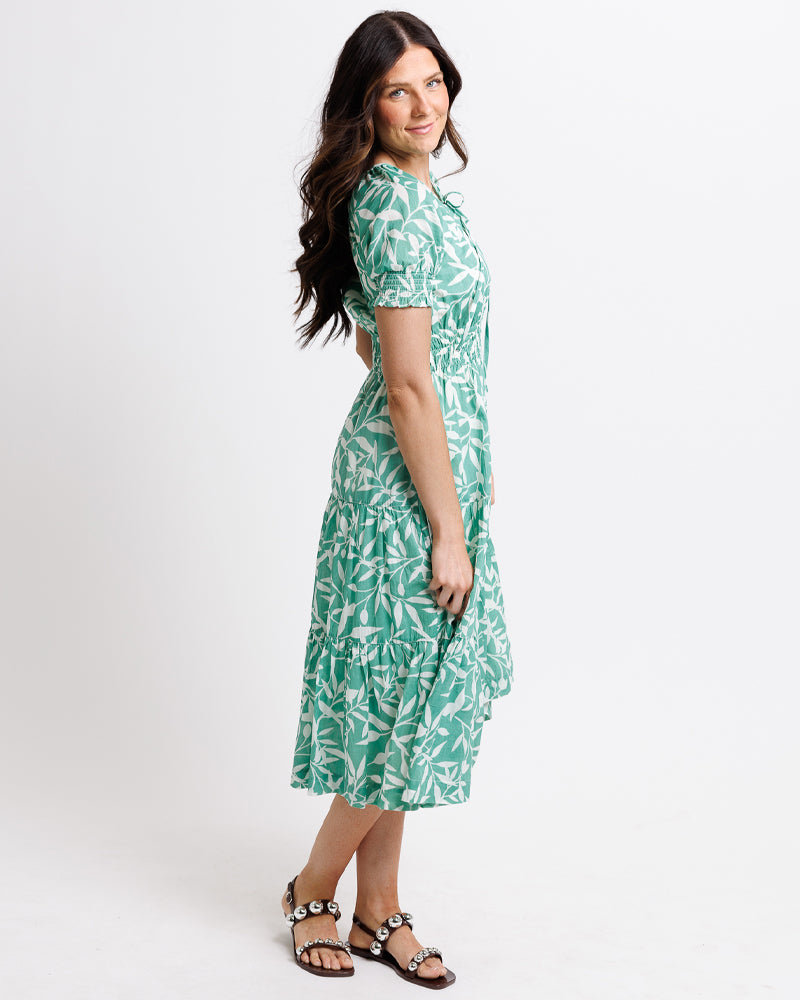 Model wearing a mint green with white floral print short sleeve round neck midi dress