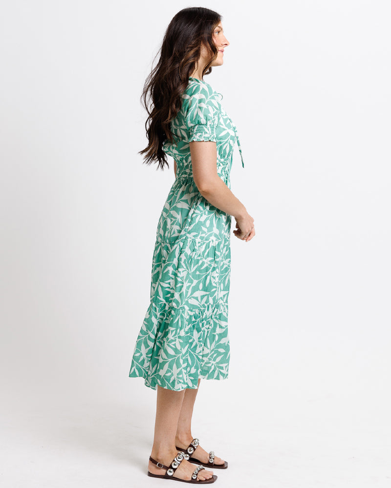 Model wearing a mint green with white floral print short sleeve round neck midi dress