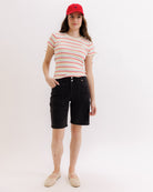 Person wearing a striped shirt, black shorts, and a red cap on a white background
