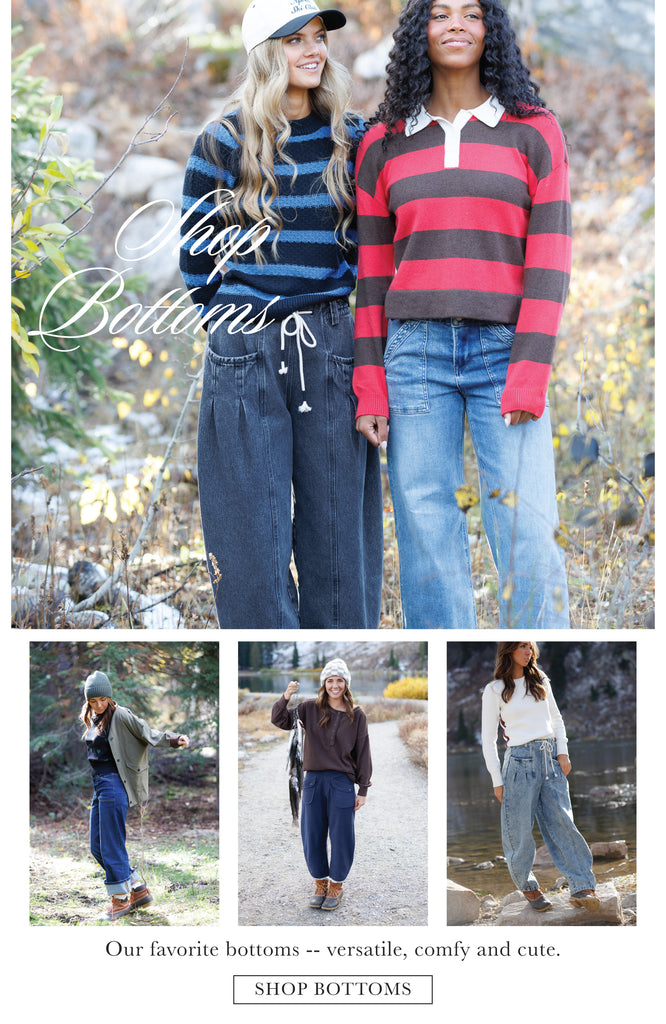 Two women wearing striped sweaters and jeans with 'Shop Bottoms' text overlay.