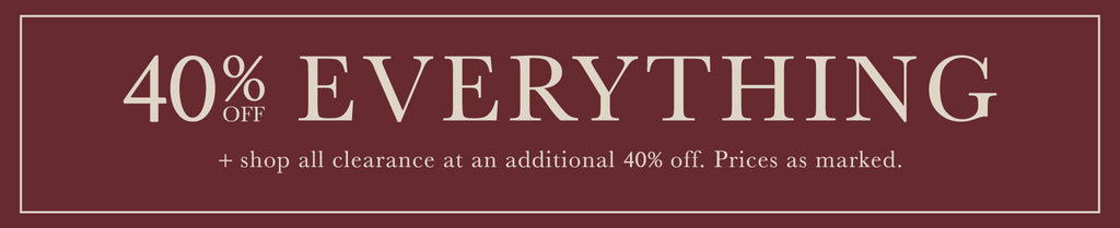 Promotional banner with 40% off everything text on a maroon background