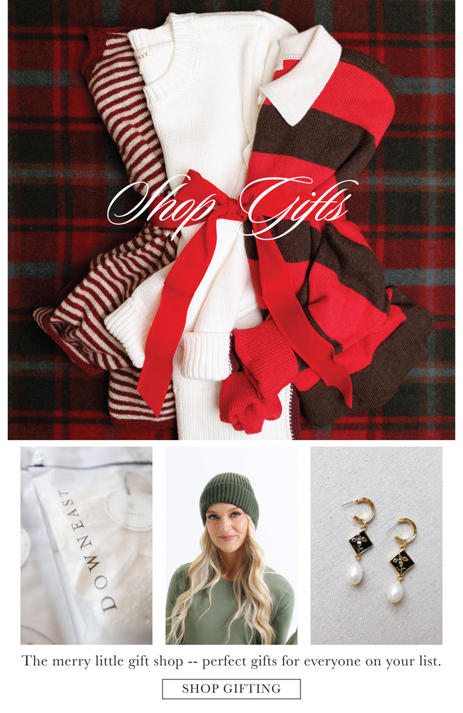 Collection of winter accessories including scarves, a beanie, and earrings on a plaid background with text 'Shop Gifts'.