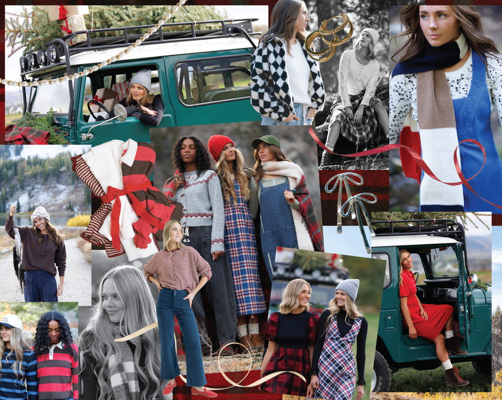 Collage of people and clothing items in various settings with a vehicle and outdoor elements.