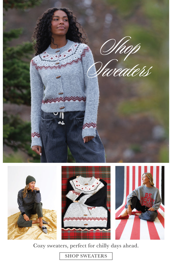 Woman wearing a patterned sweater with "Shop Sweaters" text overlay.