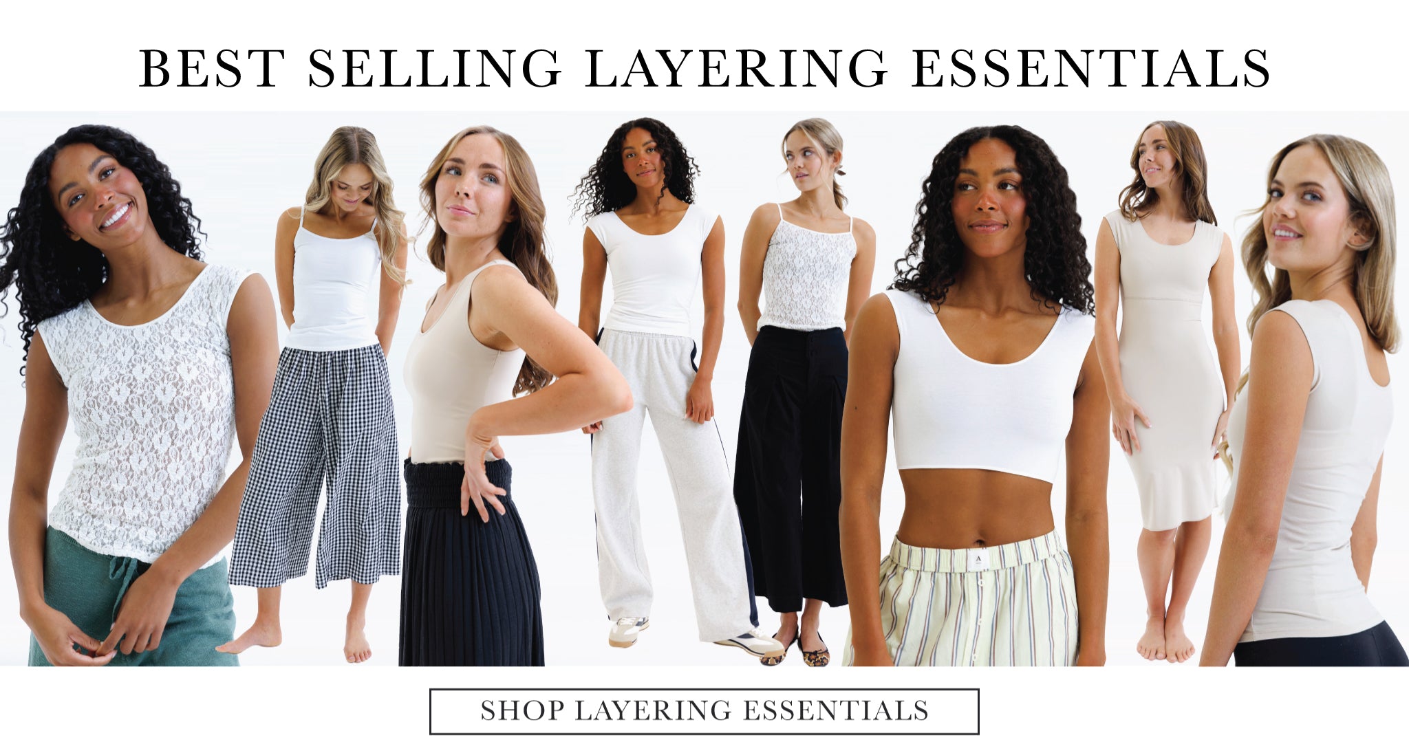Promotional banner for best-selling layering essentials with models wearing various outfits.
