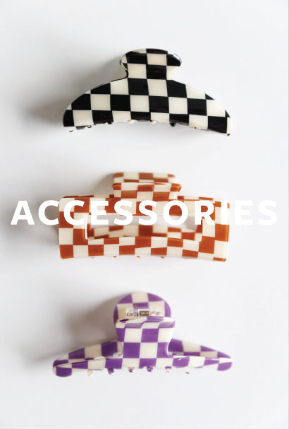 Image of 3 checkered hair clips with ACCESSORIES text