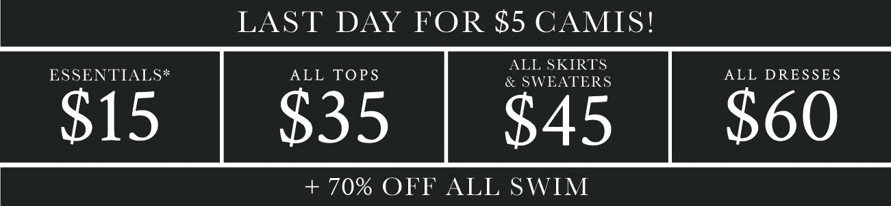 Promotional banner with price listings for various clothing categories on a black background.