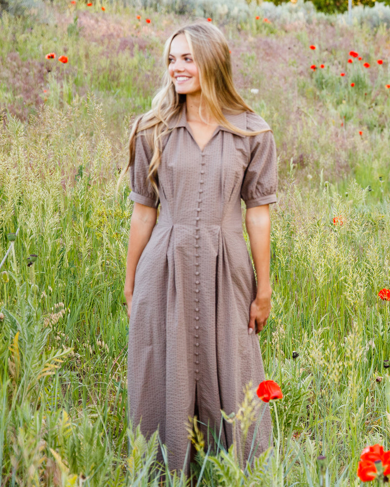 A woman wearing a brown short-sleeve midi dress stands in a grassy field with red poppies.