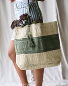 Green and beige woven tote