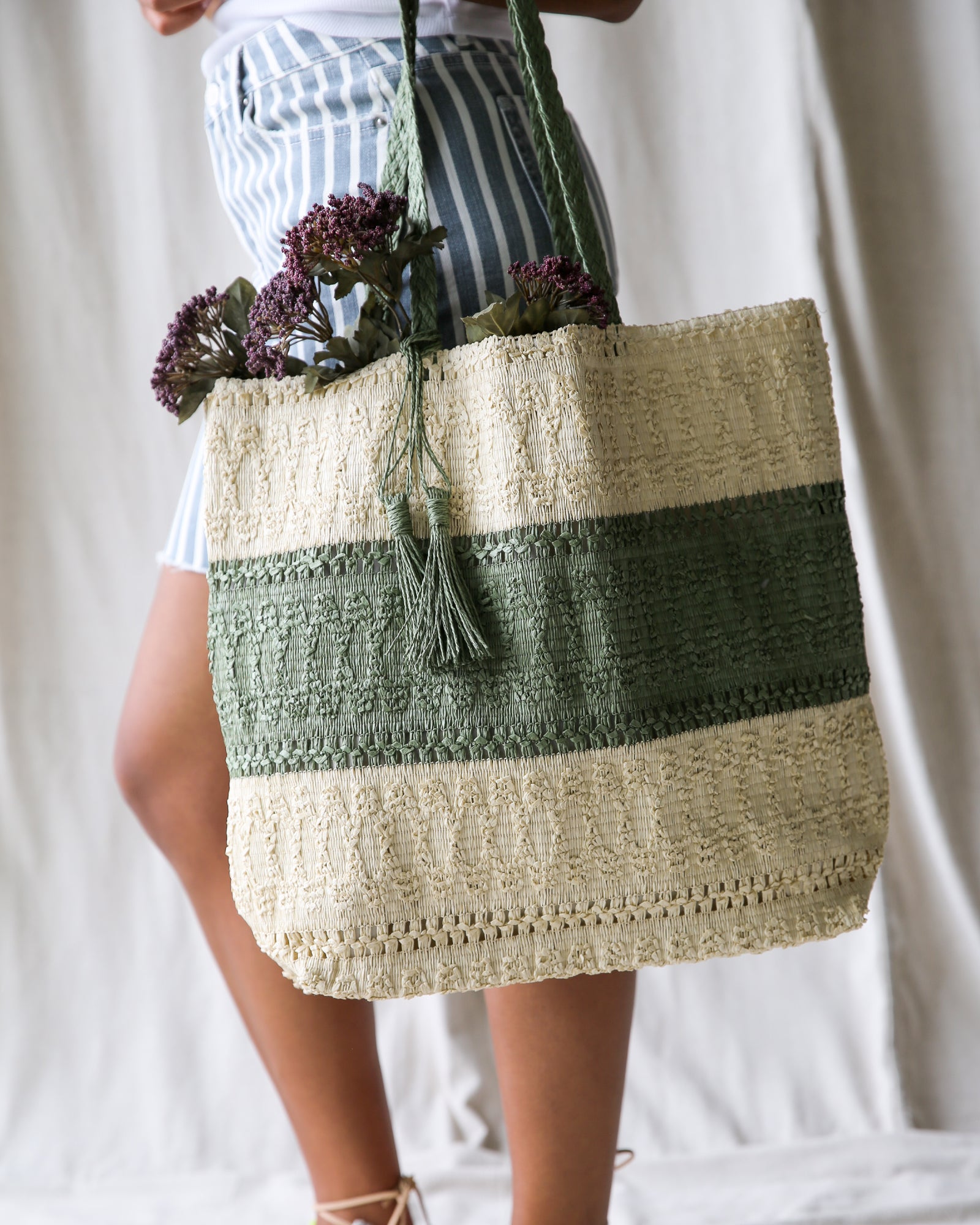 Green and beige woven tote
