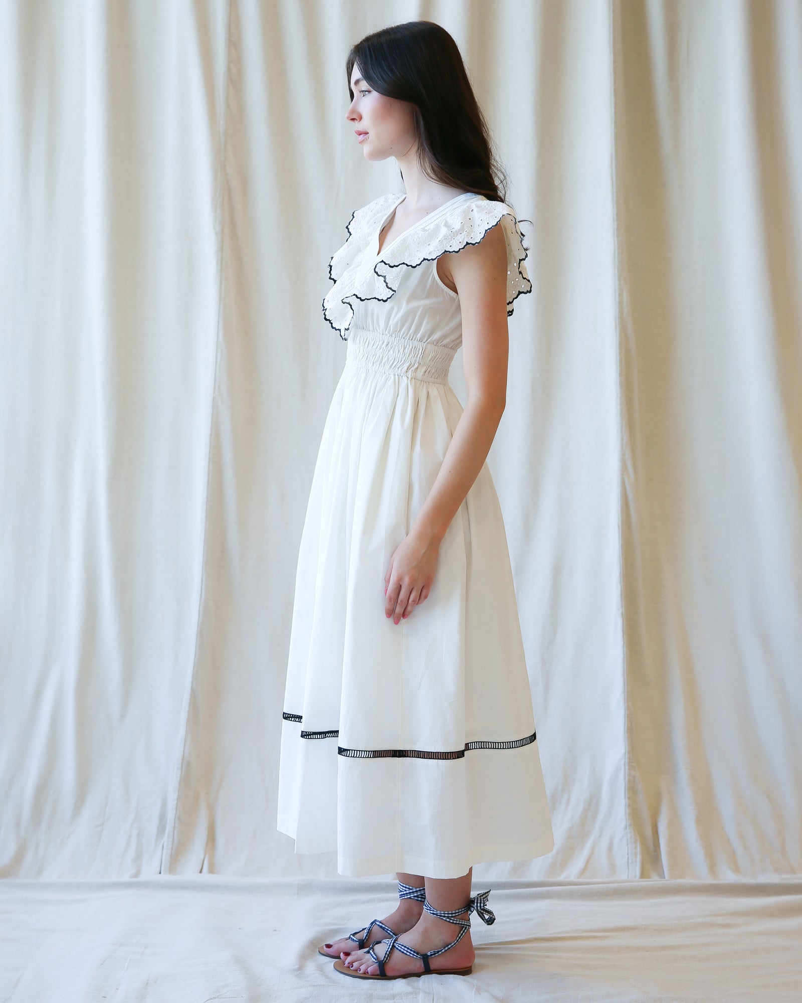 white dress with black stitching Amalfi Coast – Downeast Formal dress