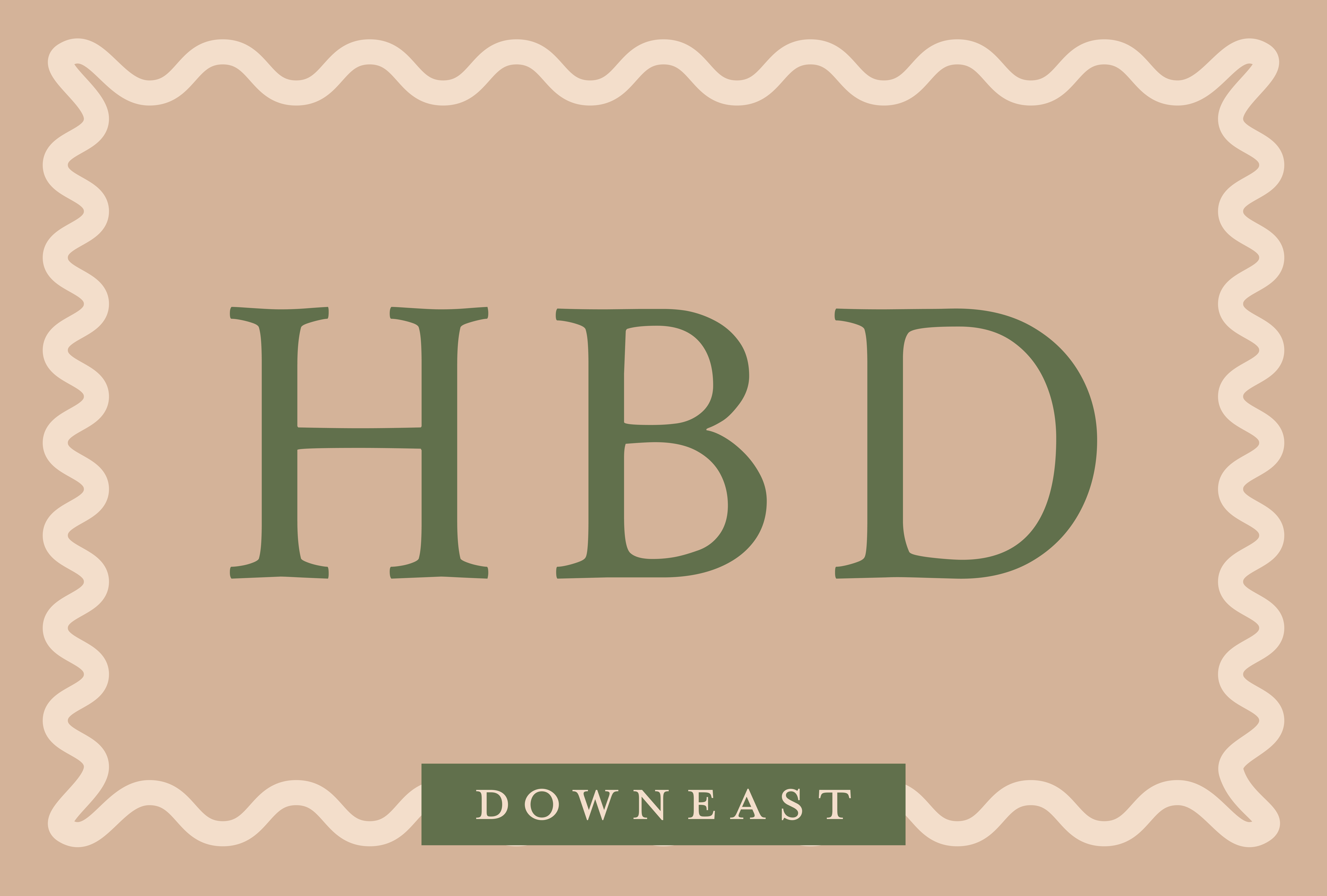Downeast E-Gift Card with green text that says 'HBD' on a beige background