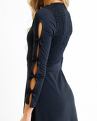 Black dress with cut-out sleeves on a white background