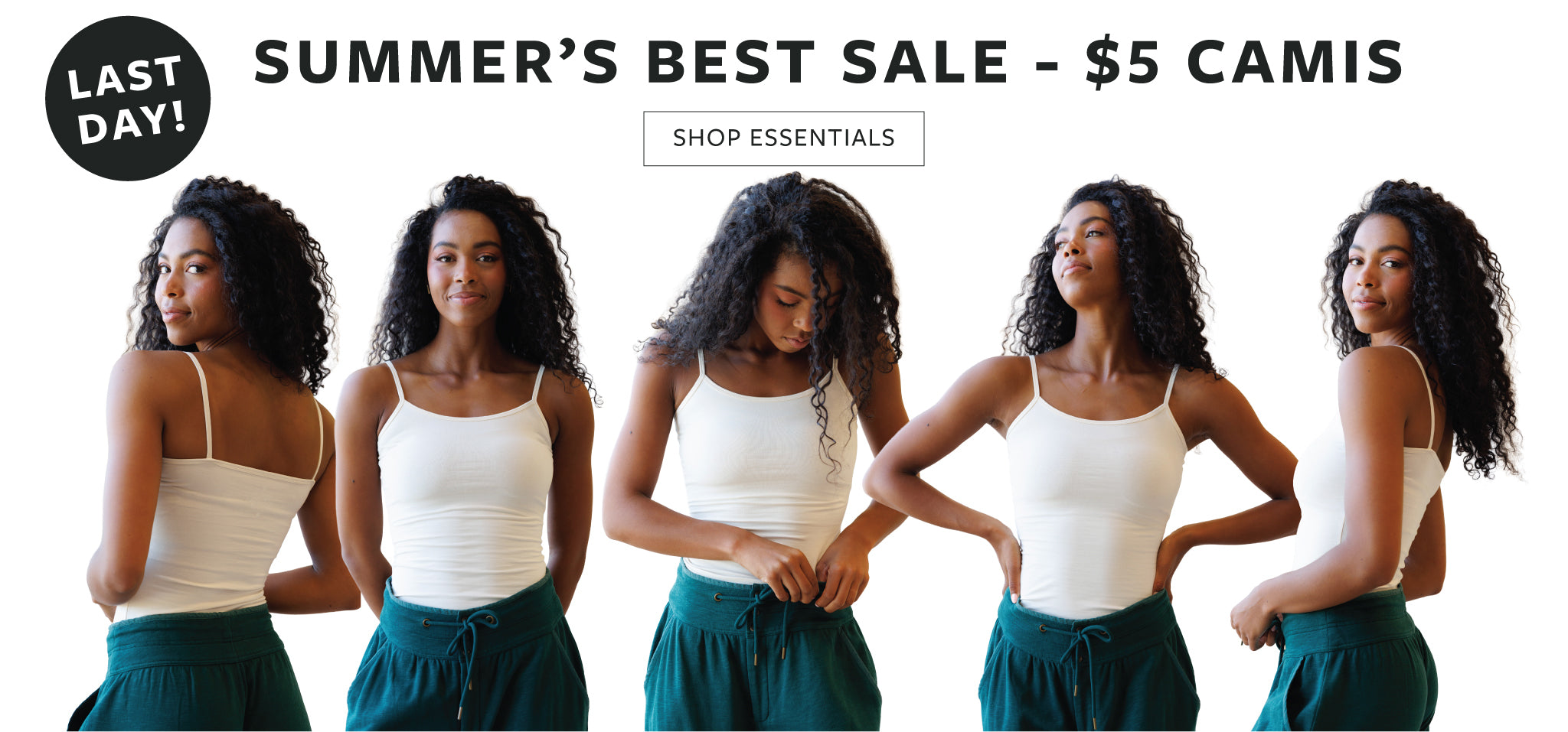 Promotional banner for a summer sale with models wearing white tank tops and green pants.
