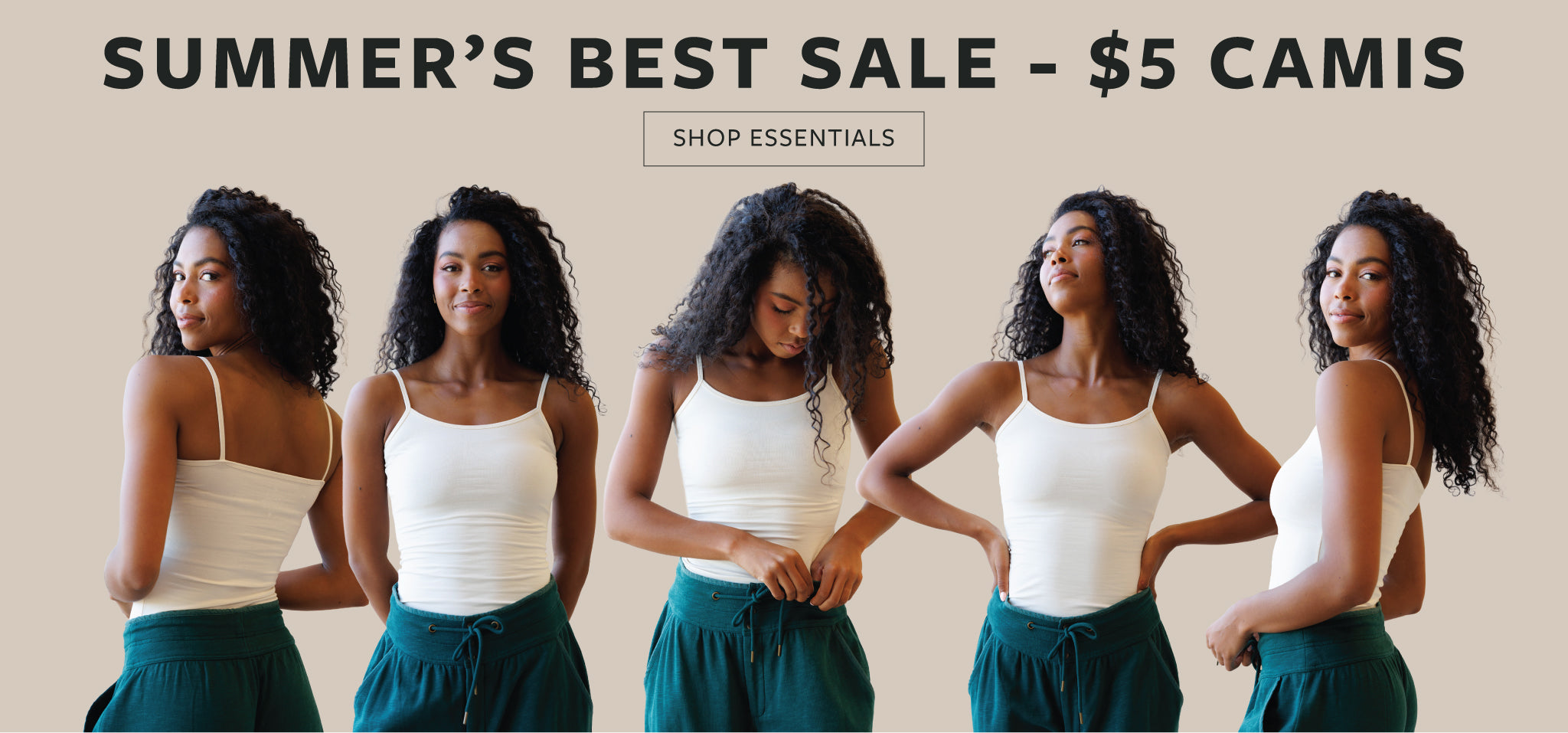 Promotional banner for a summer sale featuring women wearing white tank tops and green pants.