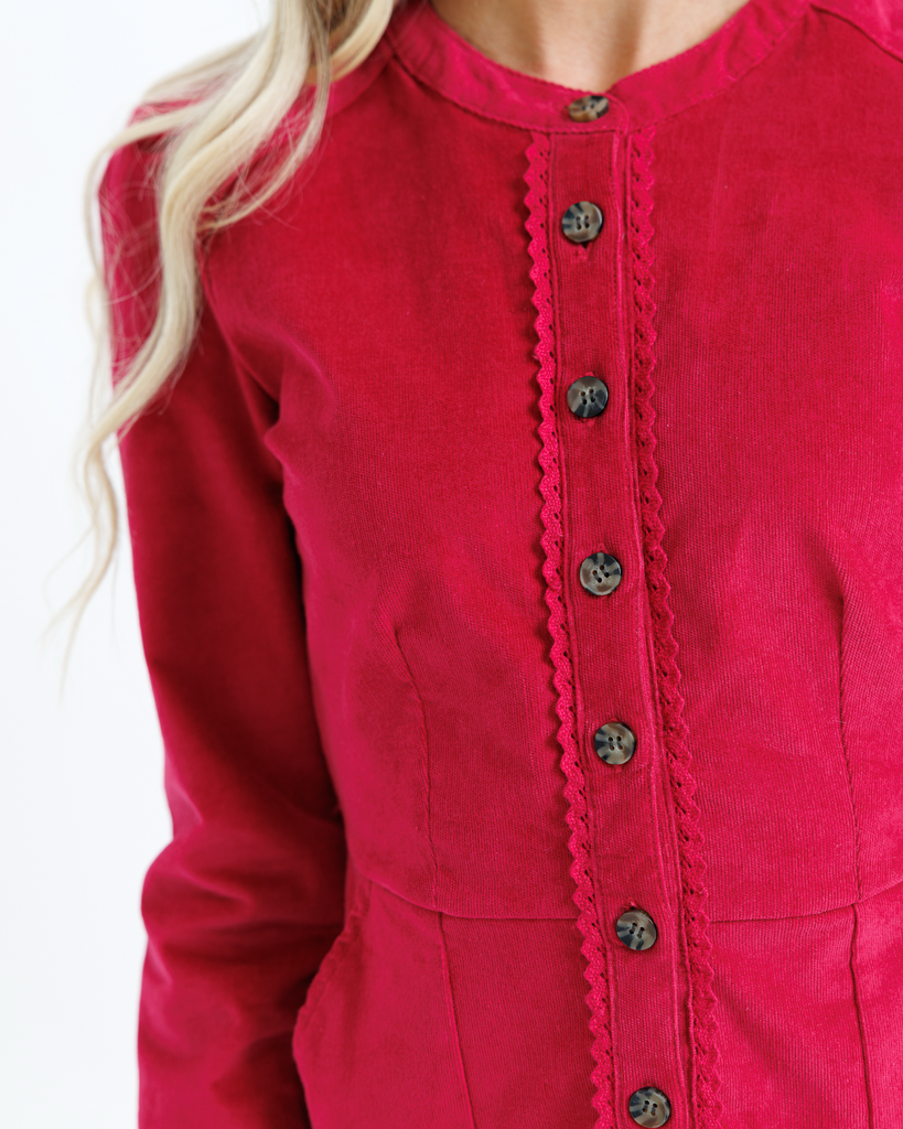 Close-up of a red button-up dress with a blurred background