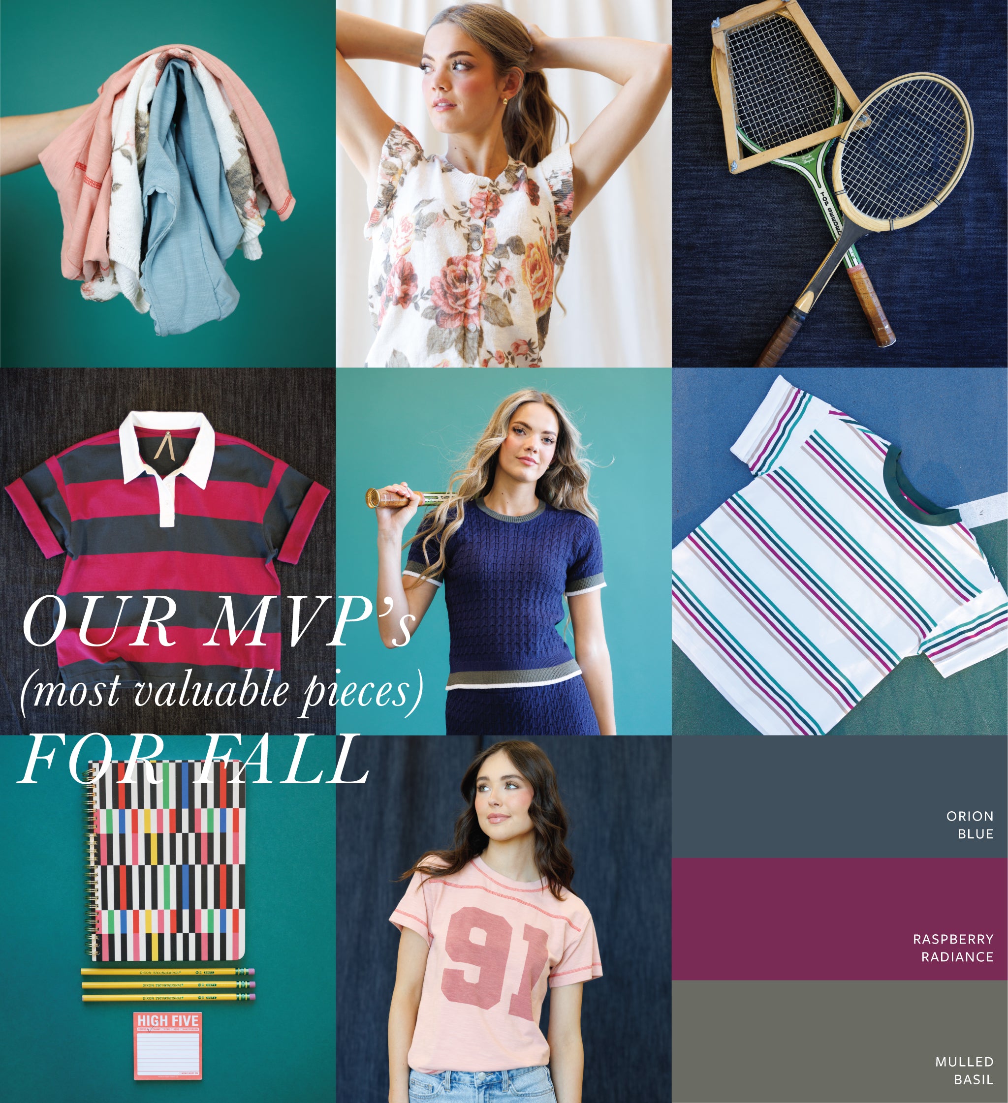 A 3x3 collage showing multiple apparel items and color samples: a folded pink and blue garment, a woman wearing a floral blouse, two tennis rackets, a striped polo shirt, a woman in a navy knit top, a striped tank top, a striped knit accessory, a pink '91' shirt, and three color swatches labeled Orion Blue, Raspberry Radiance, and Mulled Basil.