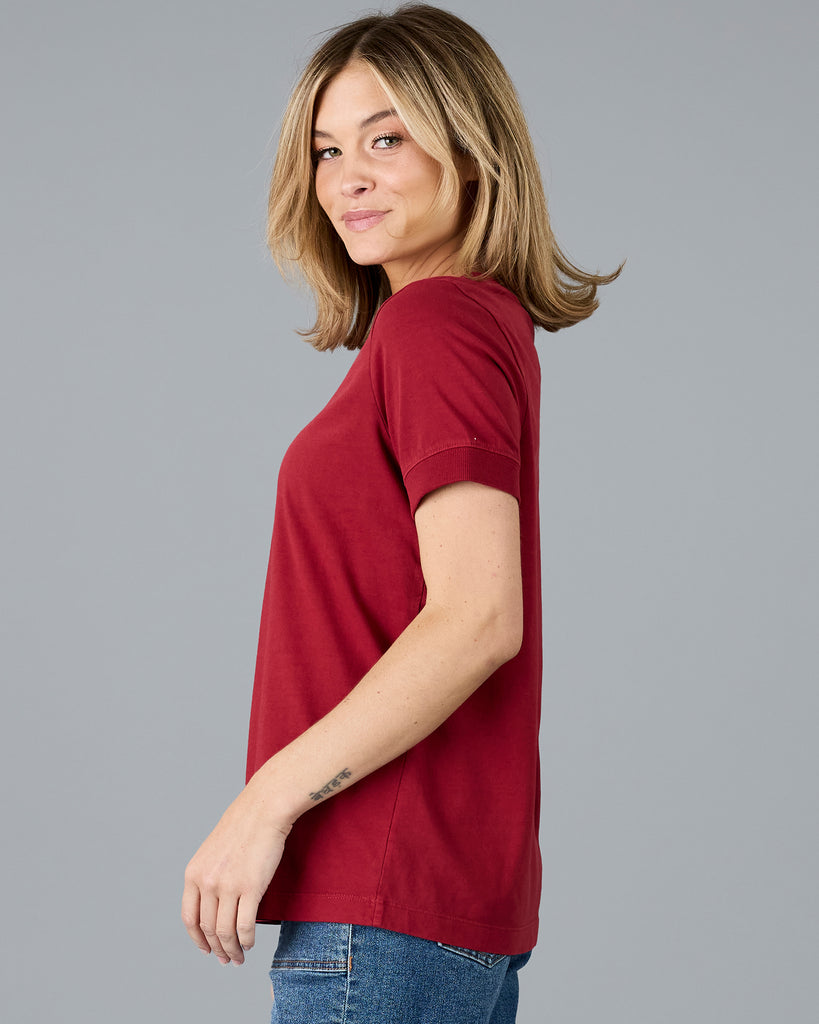 Woman in a red short sleeve basic tee