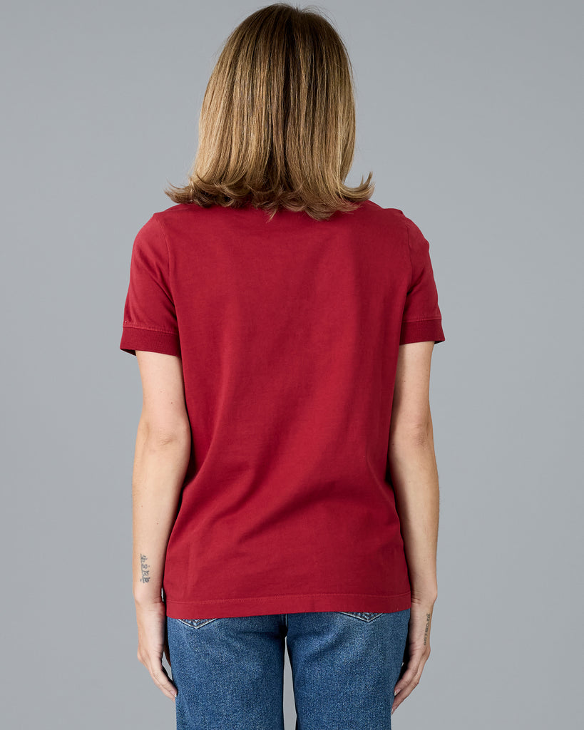 Woman in a red short sleeve basic tee