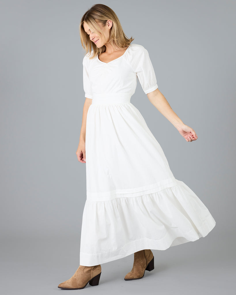 Woman in a white short sleeve v-neck dress