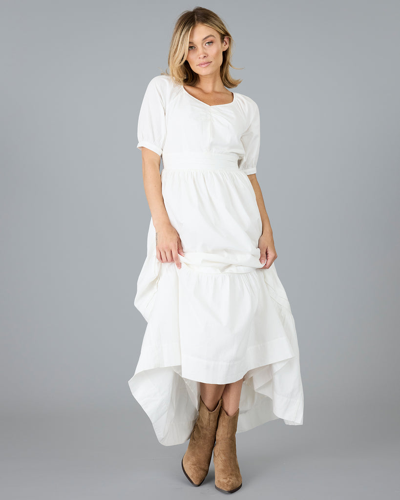 Woman in a white short sleeve v-neck dress