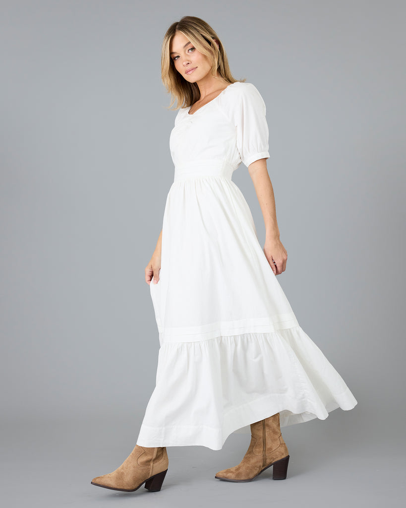 Woman in a white short sleeve v-neck dress